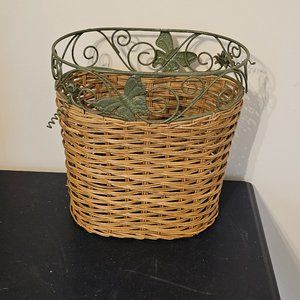 Wicker and Metal Waste Trash Bathroom Basket Butterfly Leaves